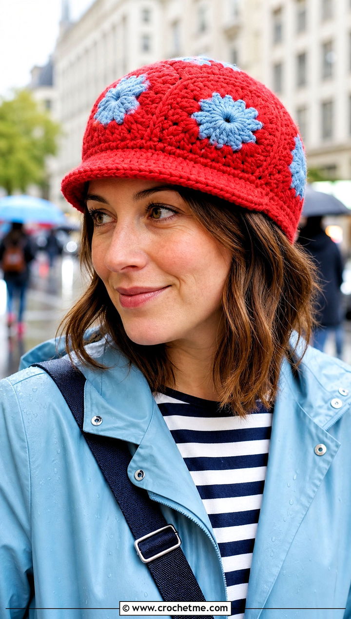 Brimmed Granny Square Beanie With Raincoat - 30 granny square beanie outfit ideas