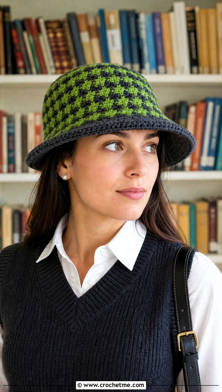 Brimmed Houndstooth Crochet Hat With Sweater Vest - 15 houndstooth crochet hat outfit ideas