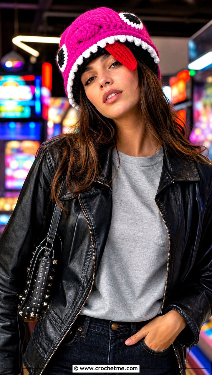 Brimmed Impostor Beanie With Leather Jacket - 20 Among Us Crochet Hat outfit ideas