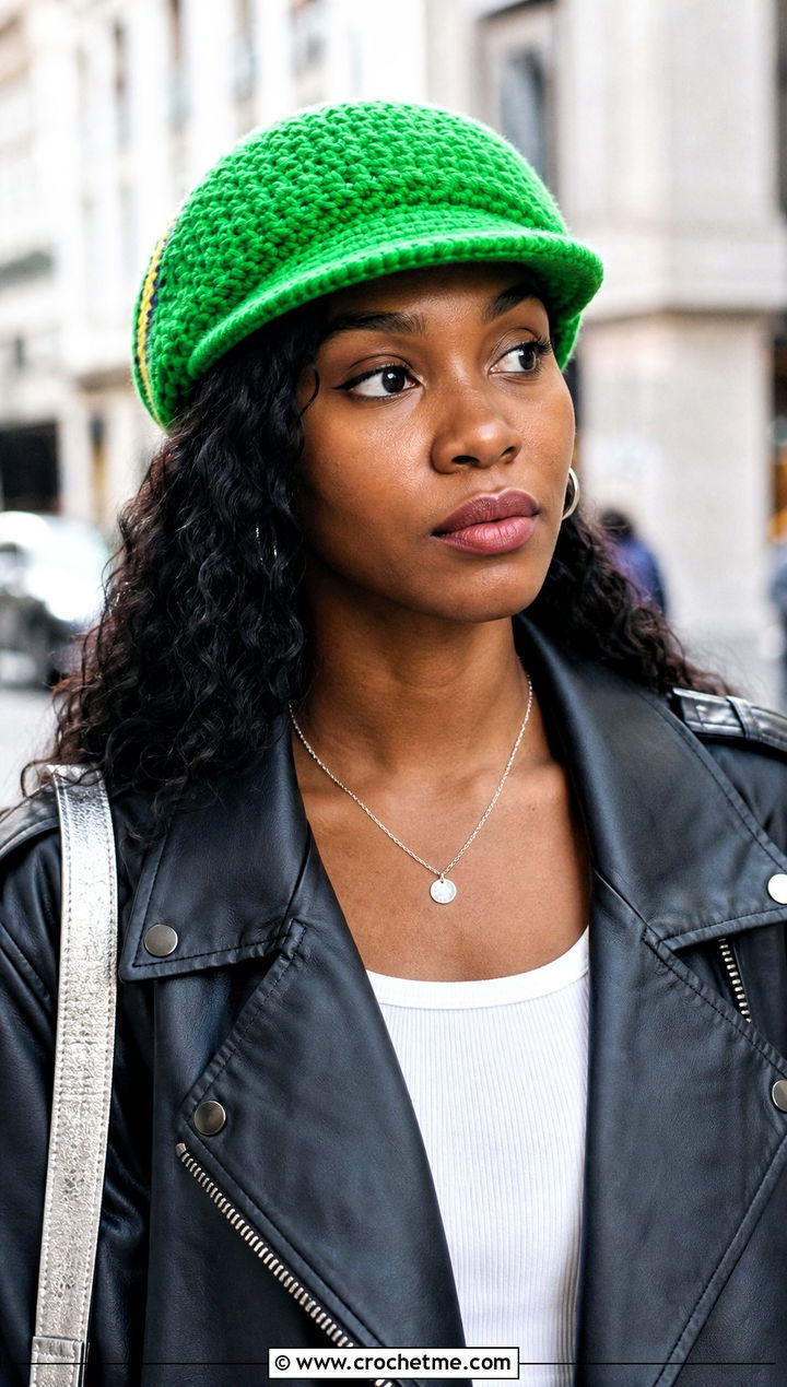 Brimmed Jamaican Crochet Cap With Leather Jacket - 25 Jamaican Crochet Hat outfit ideas
