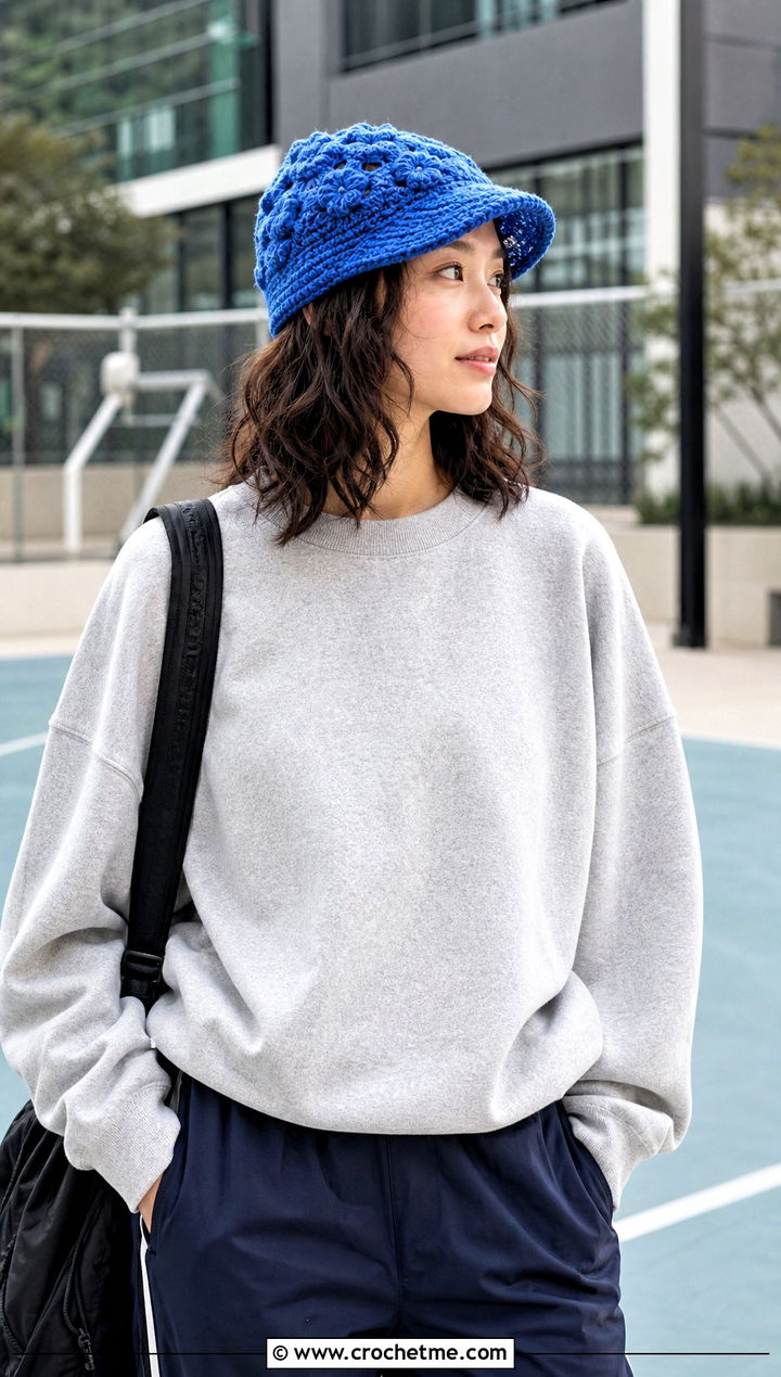 Brimmed Jasmine Stitch Crochet Beanie With Sweatshirt - 20 jasmine stitch crochet hat outfit ideas