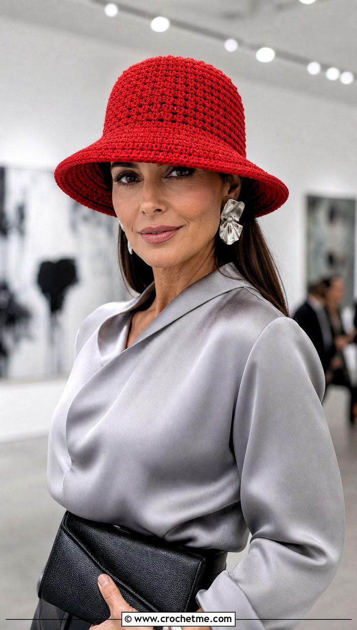Brimmed Lemon Peel Stitch Crochet Hat With Satin Blouse And Leather Pants - 15 Lemon Peel Stitch Crochet Hat outfit ideas