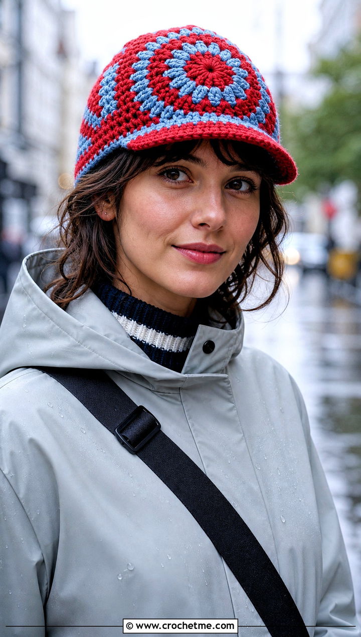 Brimmed Mandala Crochet Beanie With Raincoat - 20 Mandala Crochet Beanie outfit ideas