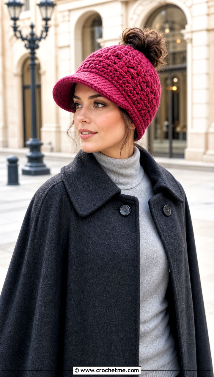 Brimmed Messy Bun Crochet Beanie With Cape Coat - 30 easy messy bun crochet beanie outfit ideas