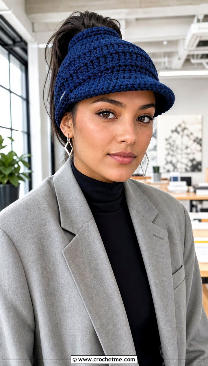Brimmed Messy Bun Crochet Hat With Blazer - 25 Messy Bun Crochet Hat outfit ideas