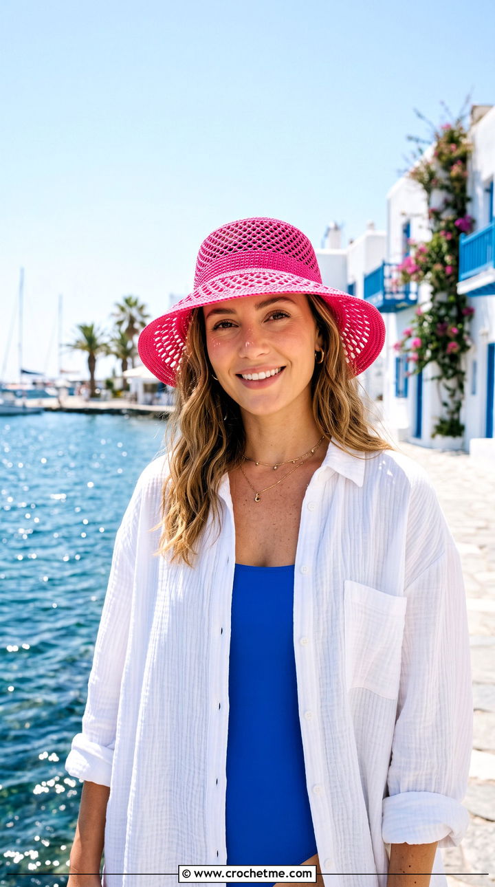 Brimmed Net Sun Hat With Swimsuit And Shirt - 25 crochet net hat outfit ideas