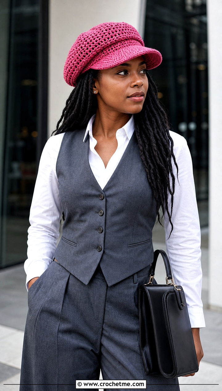 Brimmed Paperboy Crochet Dreadlock Tam With Vest And Trousers - 25 Crochet Dreadlock Hat outfit ideas