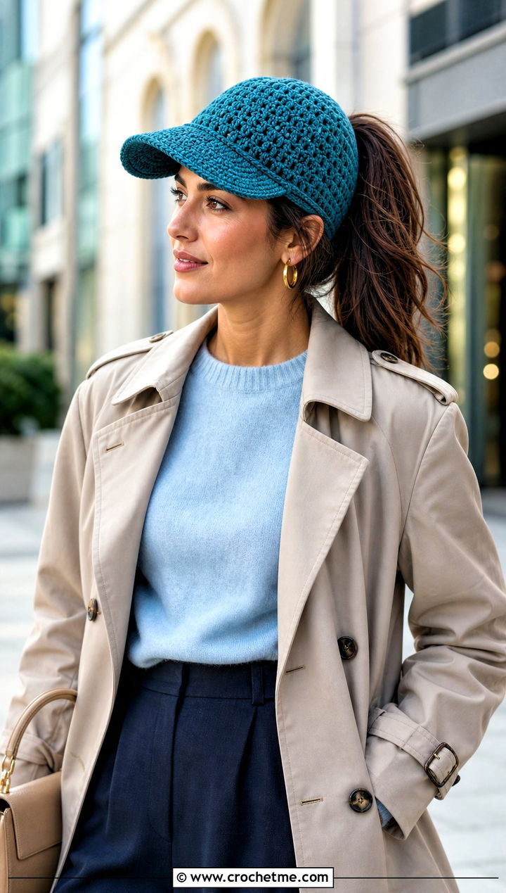 Brimmed Ponytail Crochet Cap With Trench Coat - 30 ponytail crochet hat outfit ideas