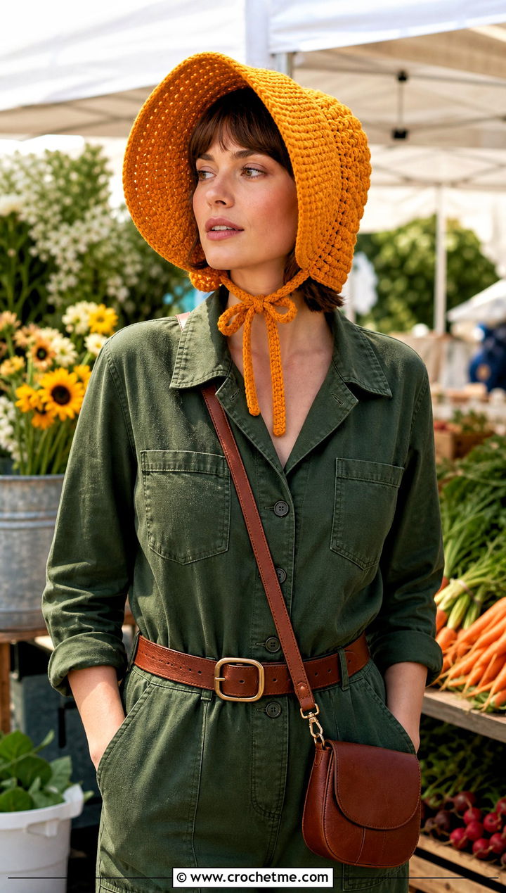 Brimmed Prairie Bonnet With Utility Jumpsuit - 25 Crochet Hair Bonnet outfit ideas