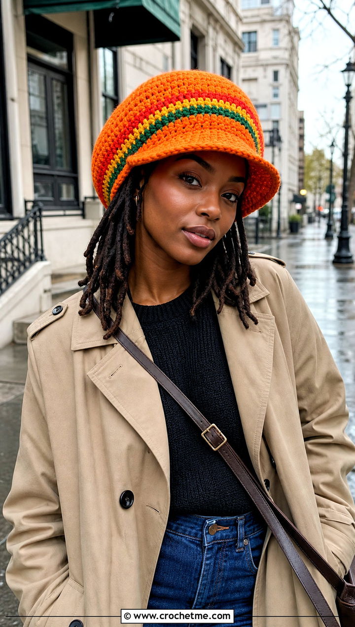 Brimmed Rasta Tam With Trench Coat - 25 crochet rasta beanie outfit ideas