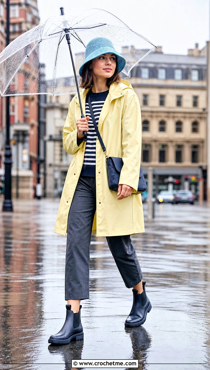 Brimmed Ribbed Crochet Hat With Raincoat - 35 ribbed crochet hat outfit ideas