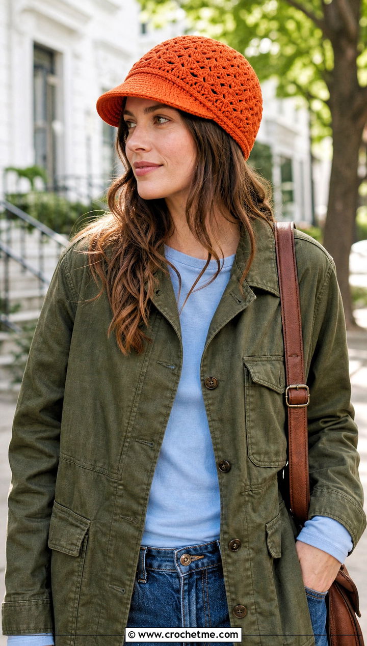 Brimmed Shell Crochet Beanie With Utility Jacket And Barrel Jeans - 20 shell crochet beanie outfit ideas