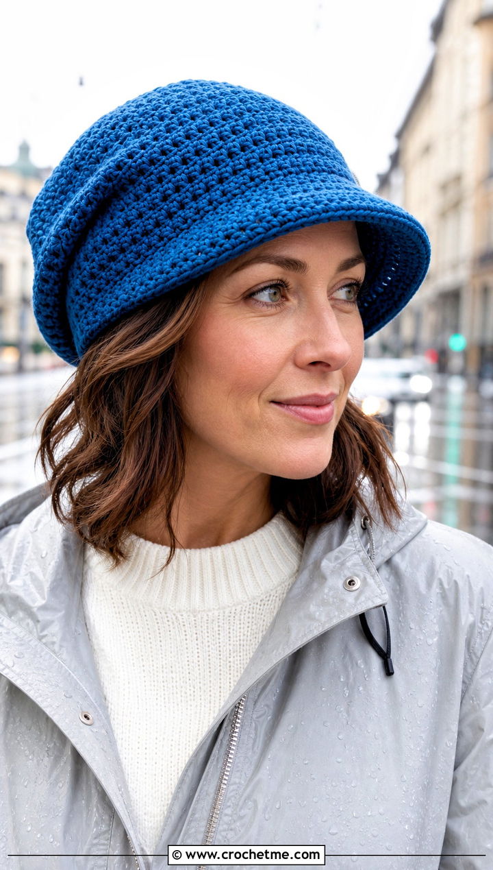 Brimmed Slouch Crochet Beanie With Raincoat - 30 slouch crochet beanie outfit ideas