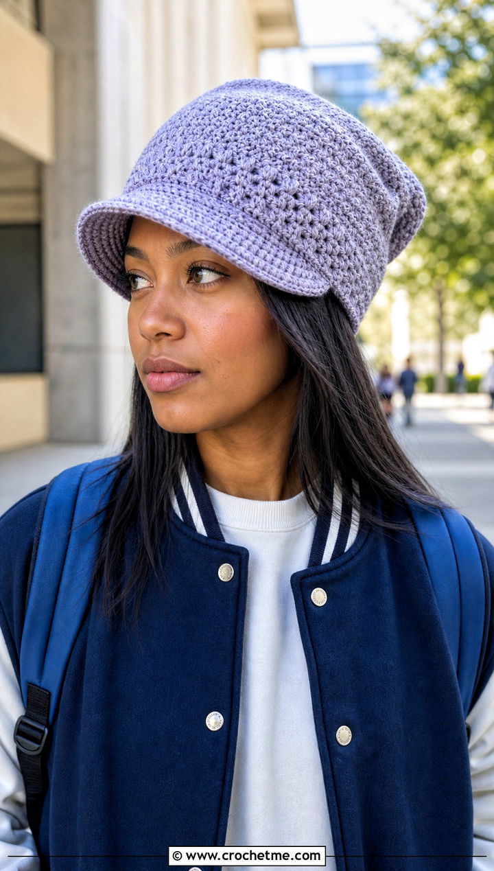 Brimmed Slouchy Crochet Hat With Varsity Jacket - 15 Slouchy Crochet Hat outfit ideas