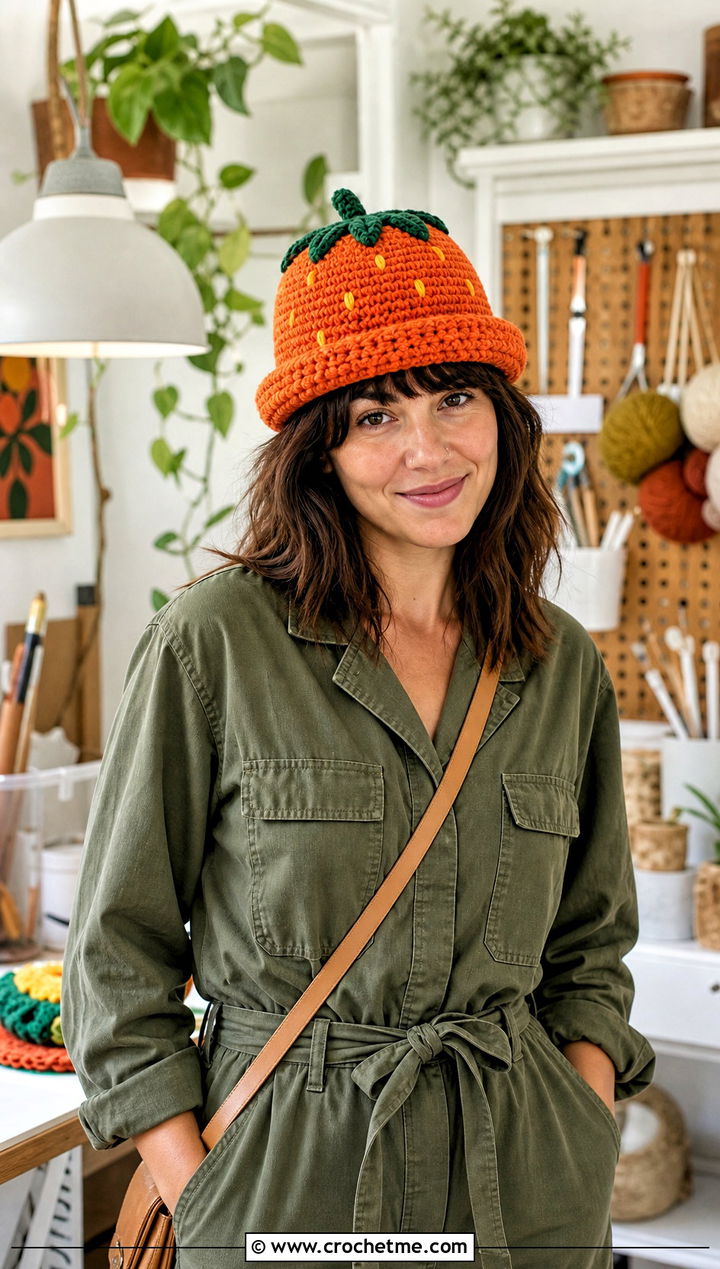 Brimmed Strawberry Beanie With Utility Jumpsuit - 30 Crochet Strawberry Beanie outfit ideas
