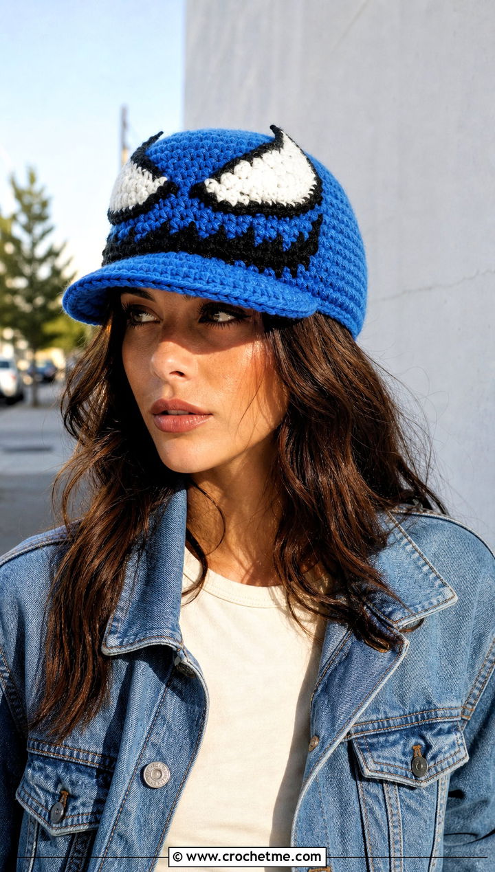 Brimmed Venom Crochet Beanie With Double Denim - 25 venom crochet beanie outfit ideas