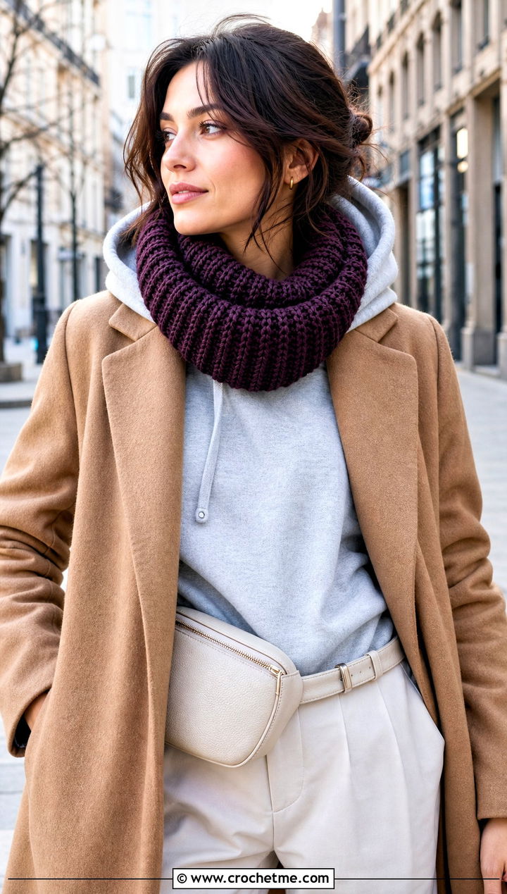 Brioche Crochet Cowl Scarf With Hoodie And Coat - 25 Brioche Crochet Scarf outfit ideas