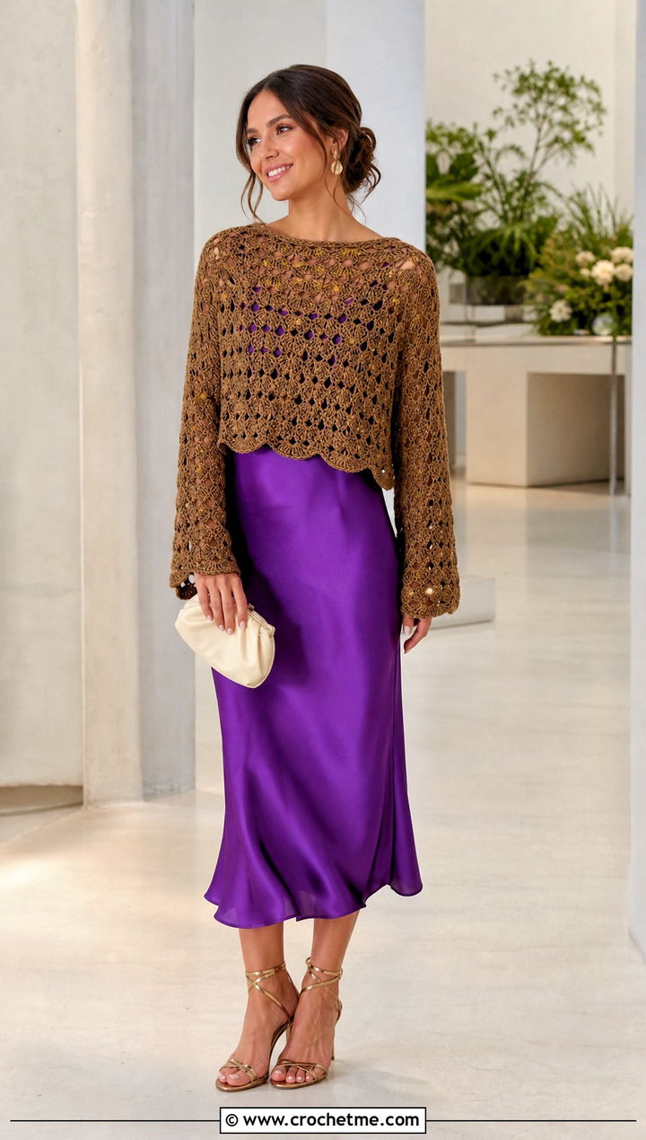 Bronze Shell Stitch Crochet Sweater With Slip Dress - 15 Brown Crochet Sweater Design outfit ideas