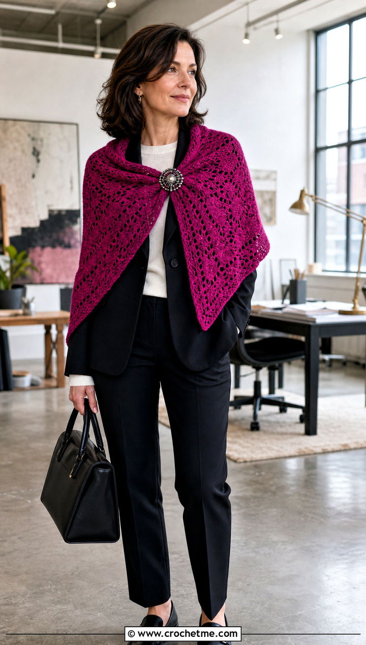 Brooch Fastened Fall River Crochet Shawl With a Blazer - 25 Fall River Crochet Shawl outfit ideas