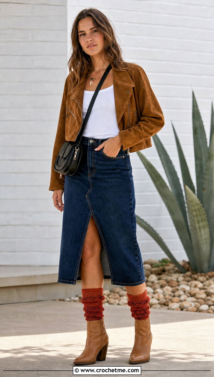 Broomstick Crochet Lace Socks With Western Boots And Denim Skirt - 25 Crochet Lace Socks outfit ideas