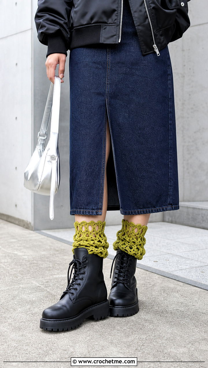 Broomstick Lace Boot Cuffs With Denim Skirt And Combat Boots - 15 Crochet Lace Boot Cuffs outfit ideas