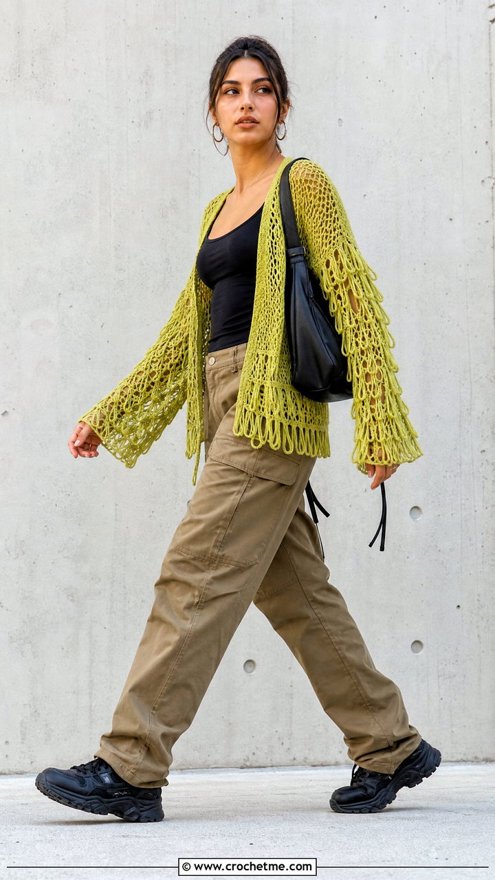 Broomstick Lace Cardigan With Cargo Pants - 35 crochet lace cardigan outfit ideas
