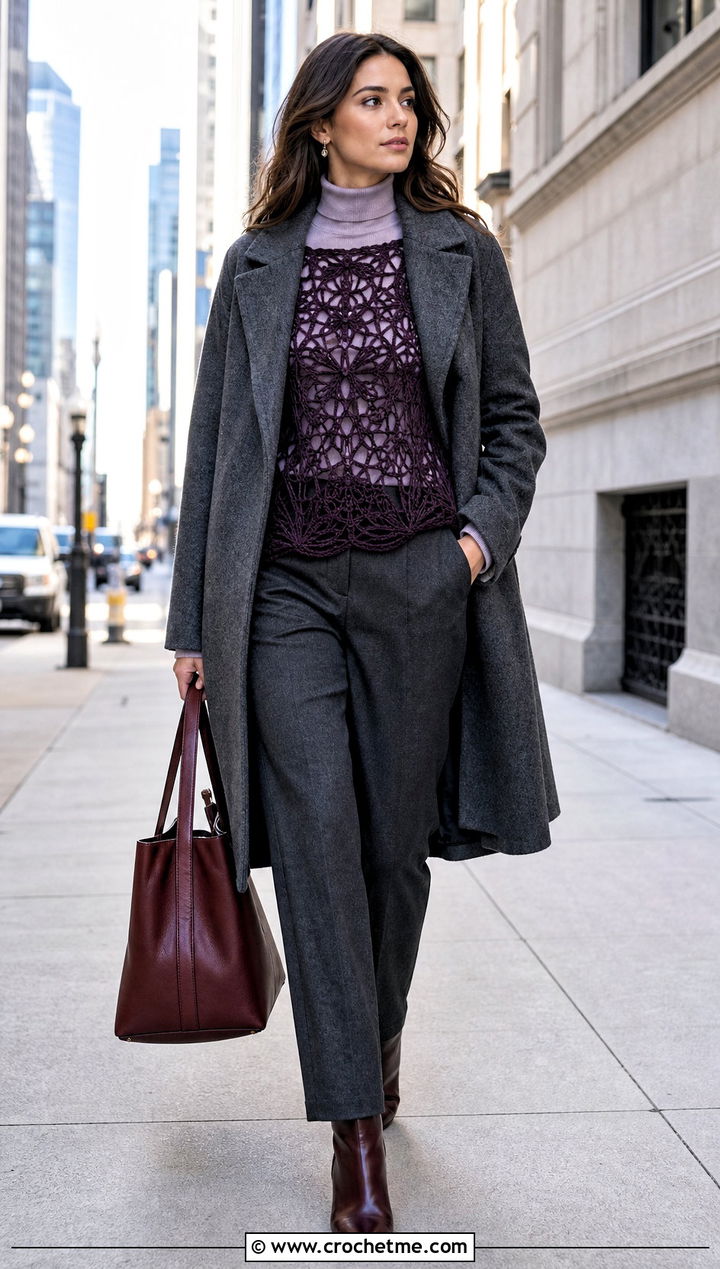 Broomstick Lace Crochet Blouse Over A Turtleneck With Wool Trousers - 15 lace crochet blouse design outfit ideas