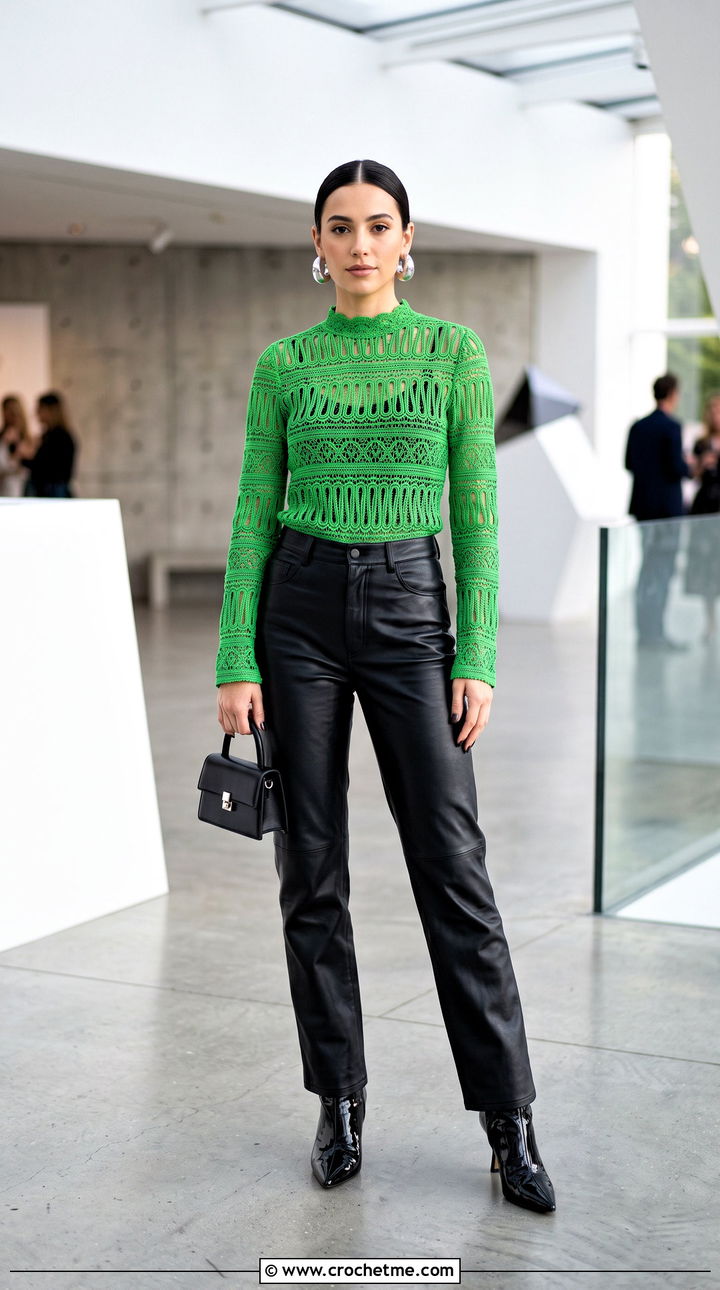 Broomstick Lace Crochet Blouse With Leather Pants - 35 crochet lace blouse outfit ideas