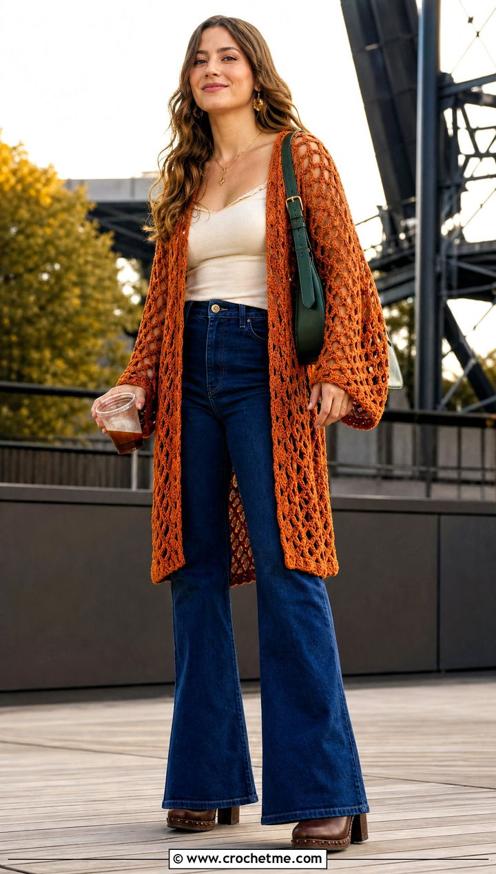 Broomstick Lace Crochet Cardigan With Flared Jeans - 30 crochet spring cardigan outfit ideas