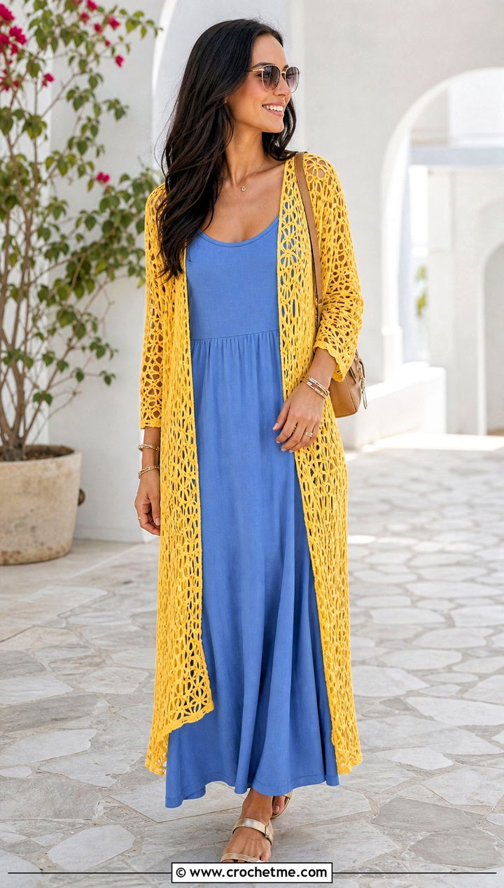 Broomstick Lace Crochet Cardigan With Maxi Dress - 30 crochet long cardigan sweater coats outfit ideas