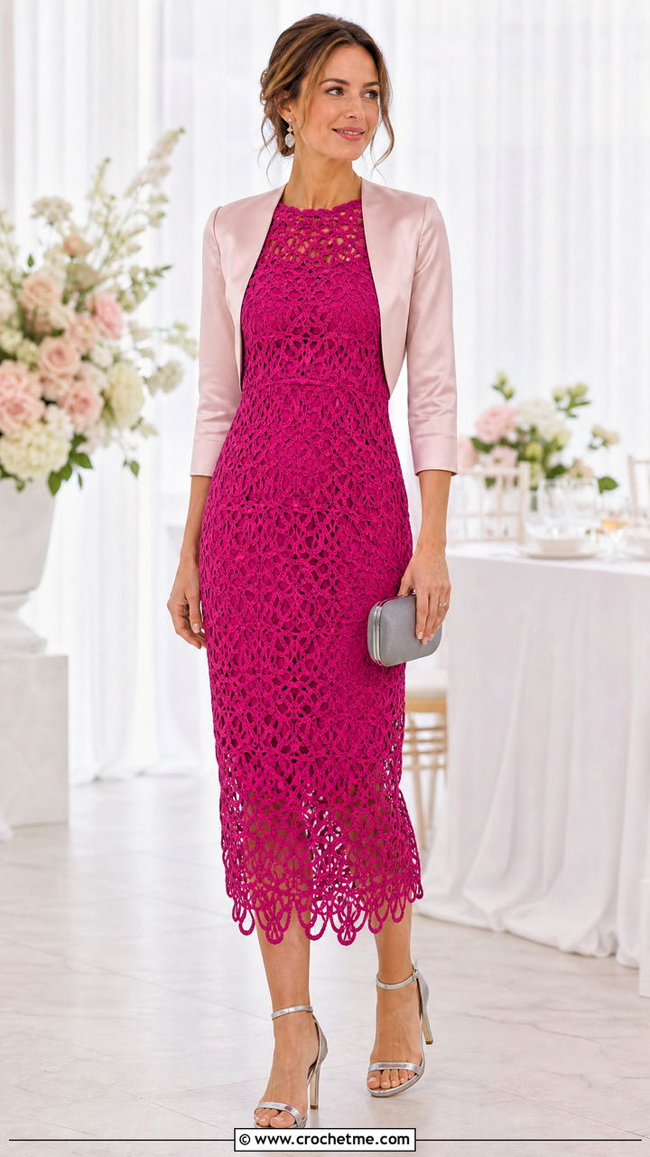 Broomstick Lace Crochet Dress With Satin Bolero - 35 crochet formal dress outfit ideas