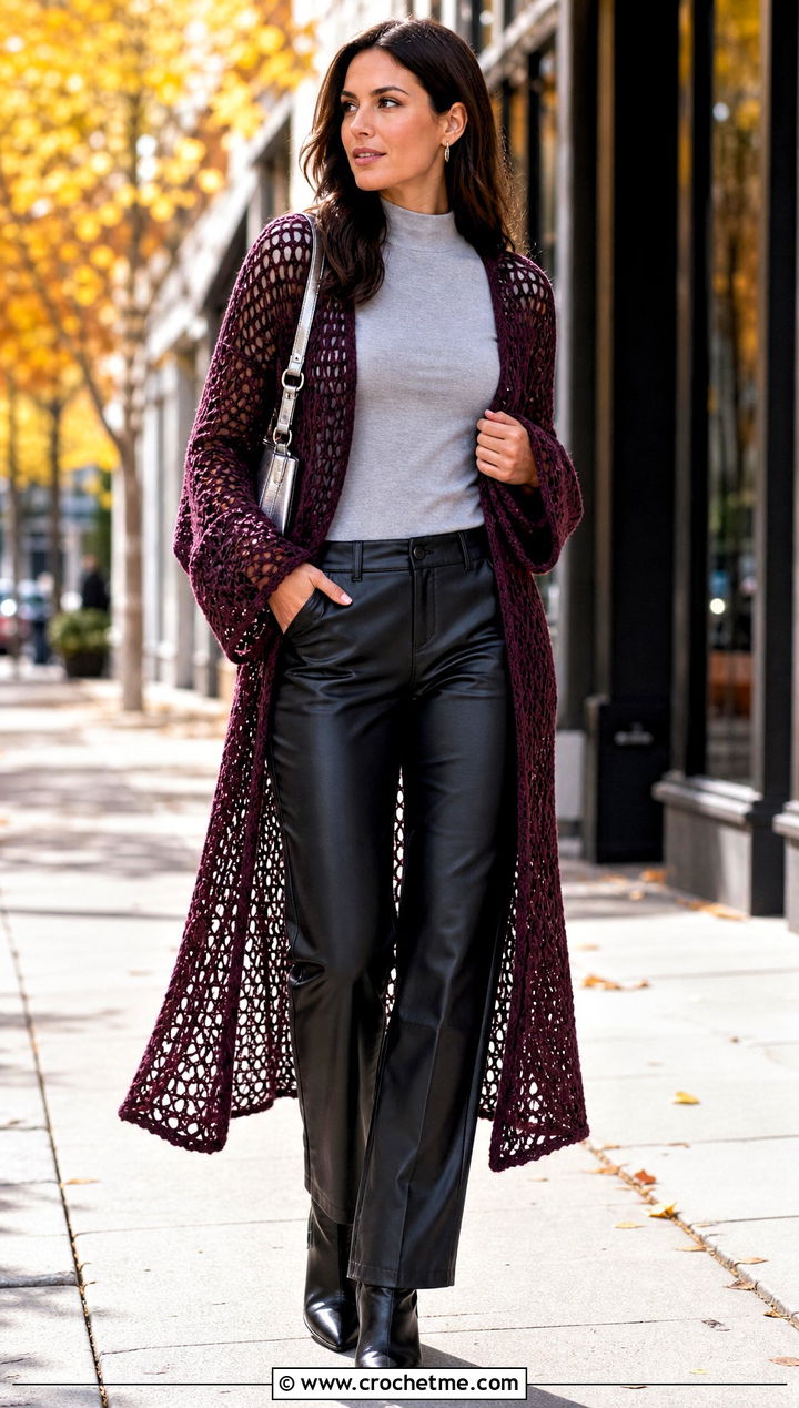 Broomstick Lace Crochet Duster Cardigan With Leather Pants - 20 Crochet Long Lacy Cardigan outfit ideas