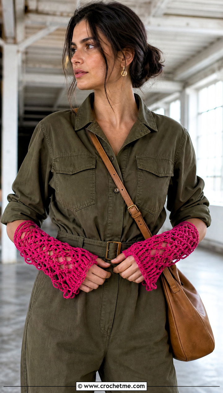 Broomstick Lace Crochet Fingerless Gloves With Utility Jumpsuit - 25 Lace Crochet Fingerless Gloves outfit ideas