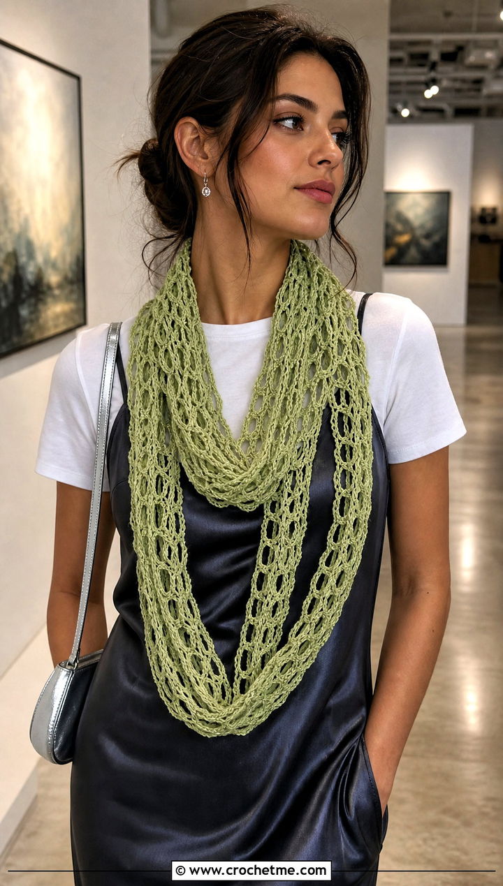 Broomstick Lace Crochet Infinity Scarf With Slip Dress - 25 infinite crochet scarf outfit ideas