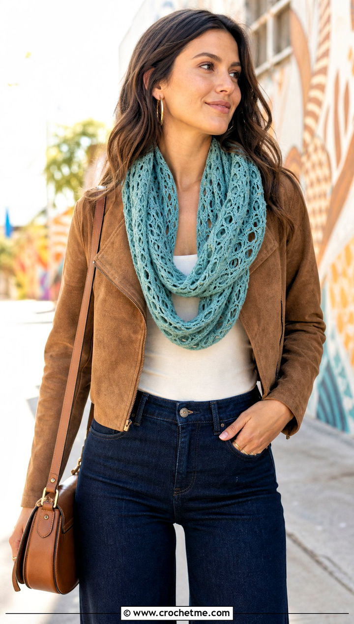 Broomstick Lace Crochet Infinity Scarf With Suede Jacket - 15 Crochet Infinity Scarf On Hanger outfit ideas