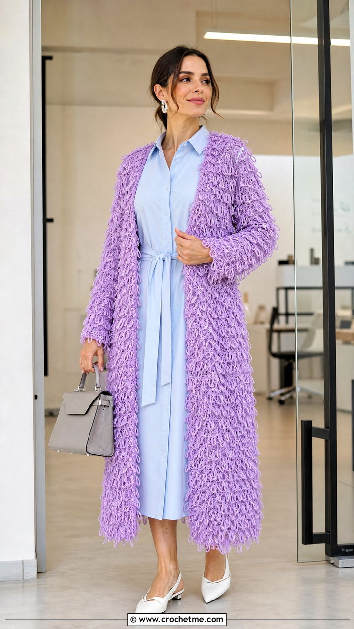 Broomstick Lace Crochet Long Cardigan With Shirt Dress - 35 crochet long cardigan outfit ideas