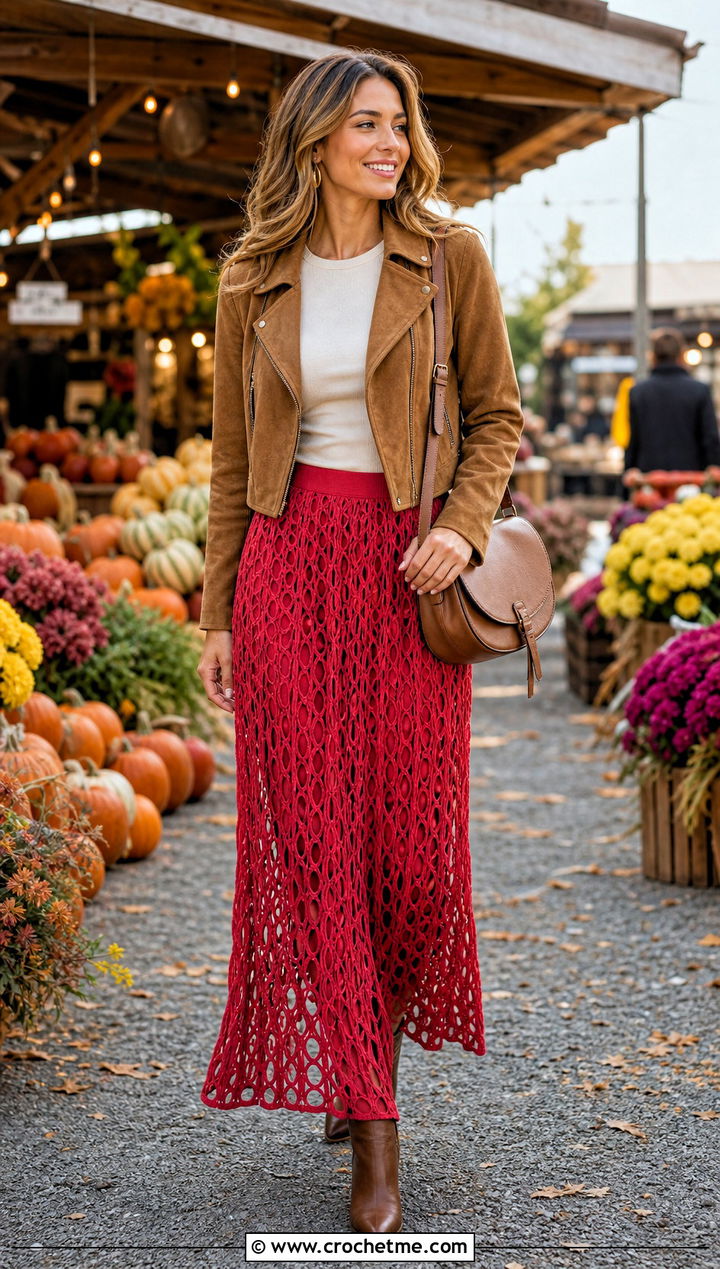 Broomstick Lace Crochet Maxi Skirt With Suede Jacket - 30 crocheted maxi skirt outfit ideas