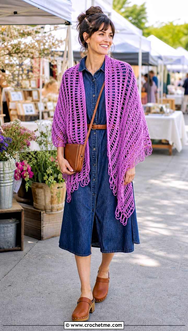 Broomstick Lace Crochet Rectangle Shawl With Denim Dress - 35 Crochet Rectangle Shawl outfit ideas