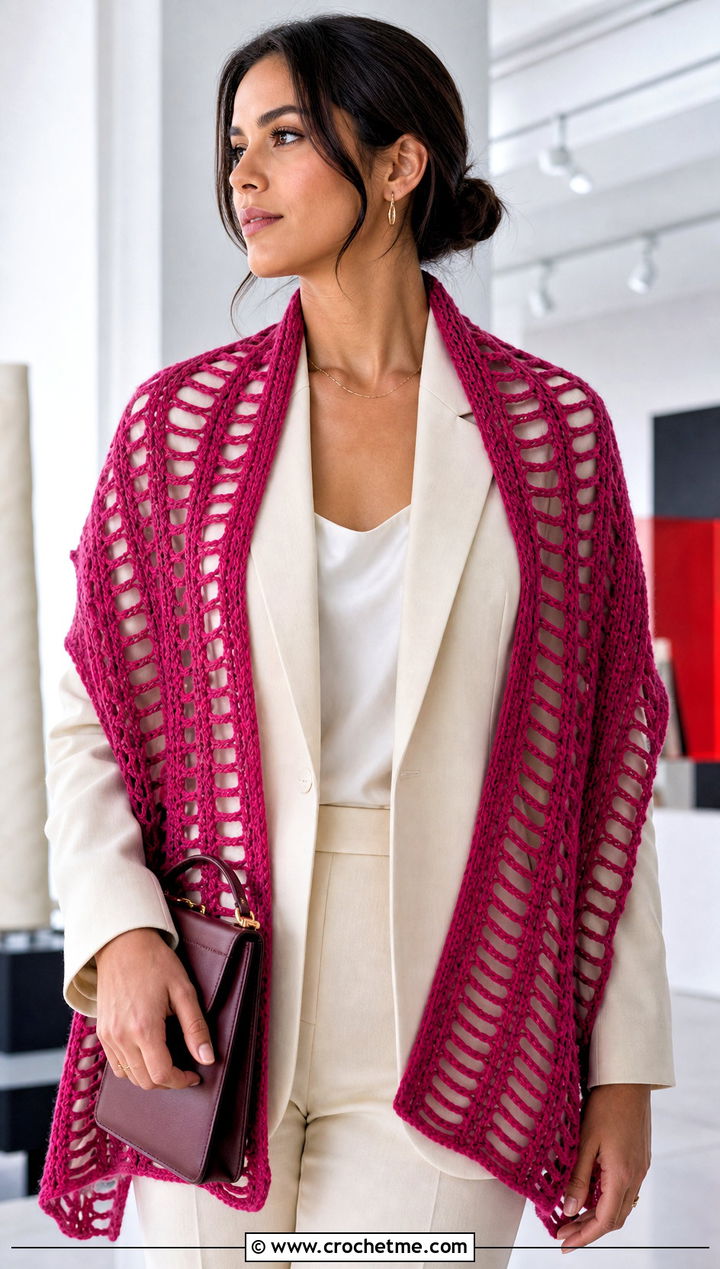 Broomstick Lace Crochet Rectangular Shawl With Suit - 30 crochet rectangular shawl outfit ideas