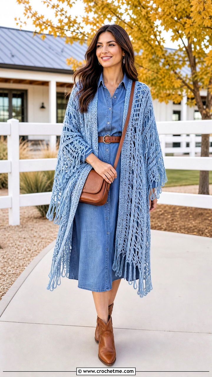 Broomstick Lace Crochet Ruana With Chambray Dress - 35 crochet ruana outfit ideas