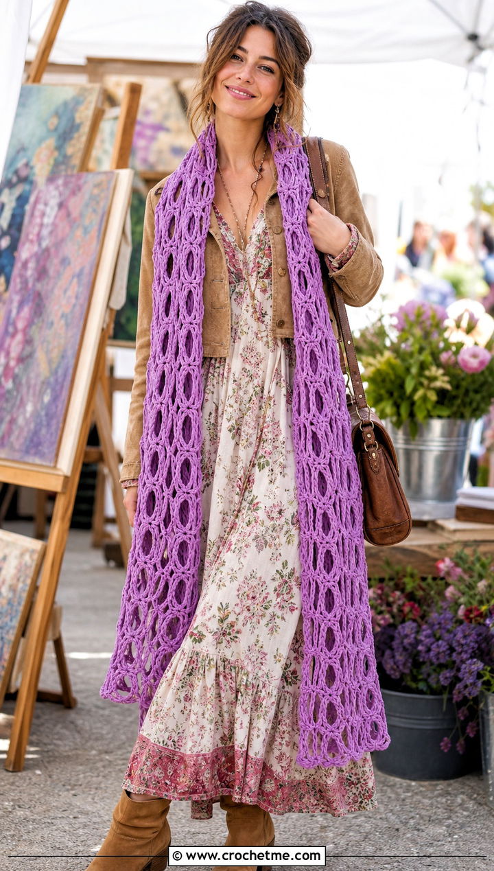 Broomstick Lace Crochet Scarf With Boho Dress - 25 crochet scarf design ideas