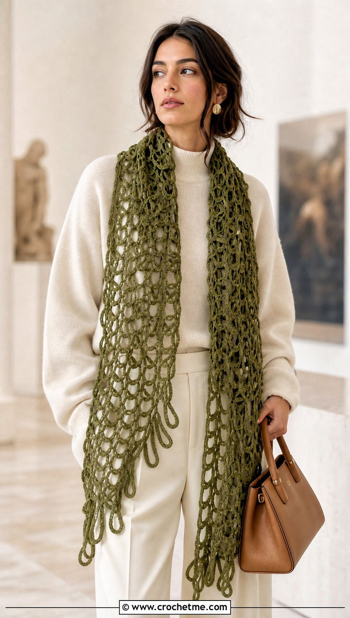 Broomstick Lace Crochet Scarf With Cream Sweater And Trousers - 15 Lacy Green Crochet Scarf outfit ideas