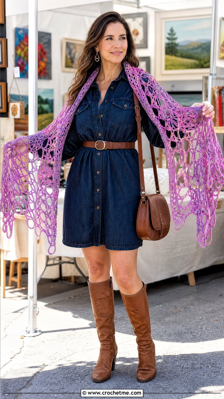 Broomstick Lace Crochet Scarf With Denim Dress - 35 crochet scarf ideas