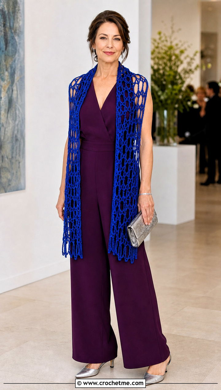 Broomstick Lace Crochet Scarf With Evening Jumpsuit - 35 crocheted scarf outfit ideas
