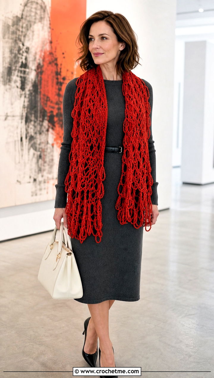 Broomstick Lace Crochet Scarf With Knit Dress And Pumps - 20 Elegant Crochet Scarf outfit ideas