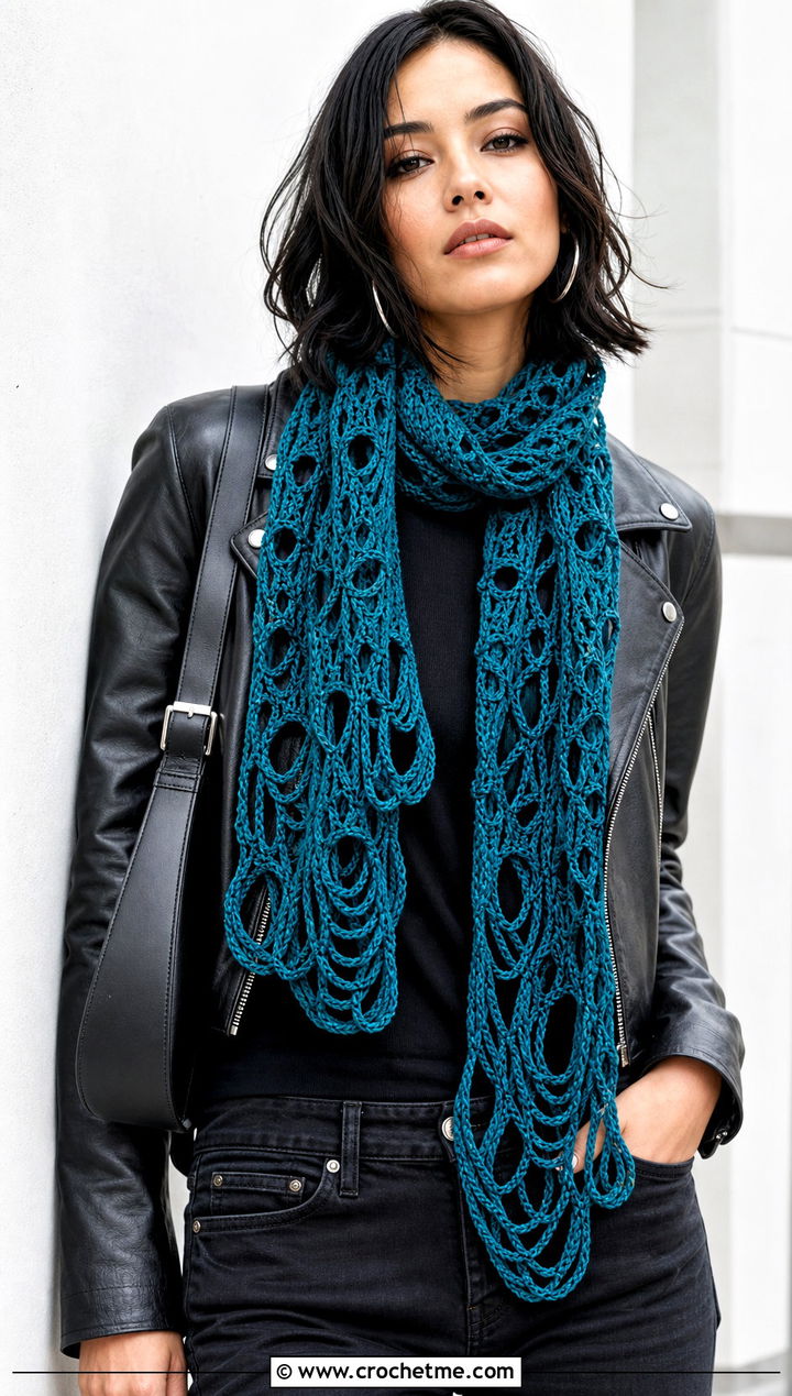 Broomstick Lace Crochet Scarf With Leather Jacket And Black Jeans - 15 Crochet Fancy Scarf outfit ideas