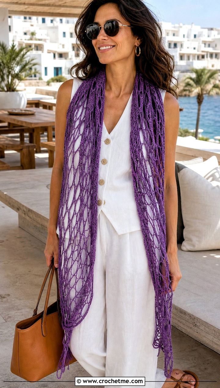 Broomstick Lace Crochet Scarf With Linen Set - 20 Crochet Textured Scarf outfit ideas
