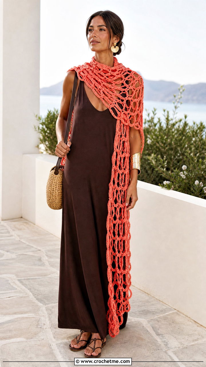 Broomstick Lace Crochet Scarf With Maxi Dress and Sandals - 35 easy one skein crochet scarf outfit ideas