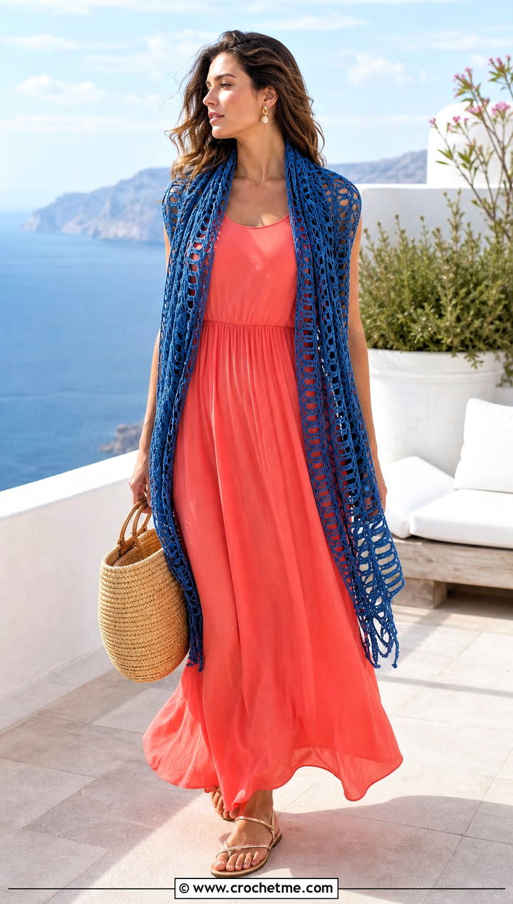 Broomstick Lace Crochet Scarf With Maxi Dress - 35 crochet scarves outfit ideas