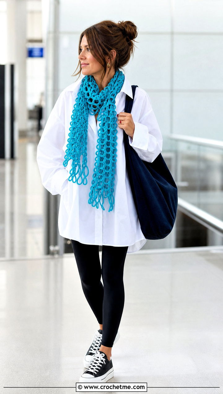 Broomstick Lace Crochet Scarf With Oversized Shirt And Leggings - 30 easy crochet lace scarf outfit ideas